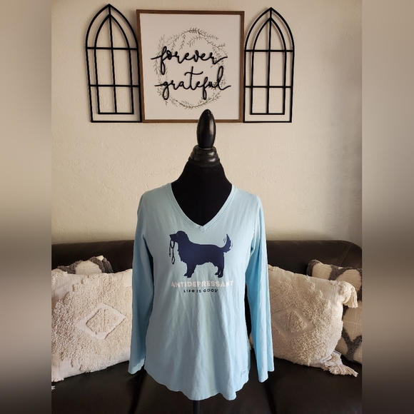 Life Is Good Light Blue Long Sleeve Dog Print Shirt Women's Size M Classic - Picture 1 of 12